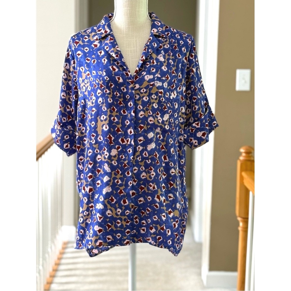 Open‎ Edit Blue Abstract Floral Satin Camp Shirt Short Sleeve Button Up XS